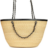Chanel Large Shopping Tote Bag Beige Raffia and Black Lambskin Light Gold Hardware
