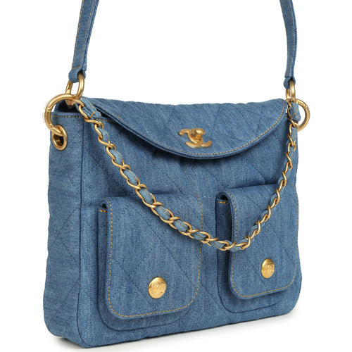 Chanel Small Supple Twins Hobo Bag Light Blue Denim Brushed Gold Hardware