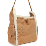Chanel Medium 25 Hobo Bag Beige Suede and White Shearling Antique Gold Hardware