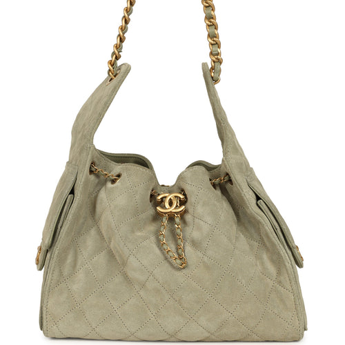 Pre-owned Chanel Small 25 Hobo Bag Olive Green Suede Antique Gold Hardware