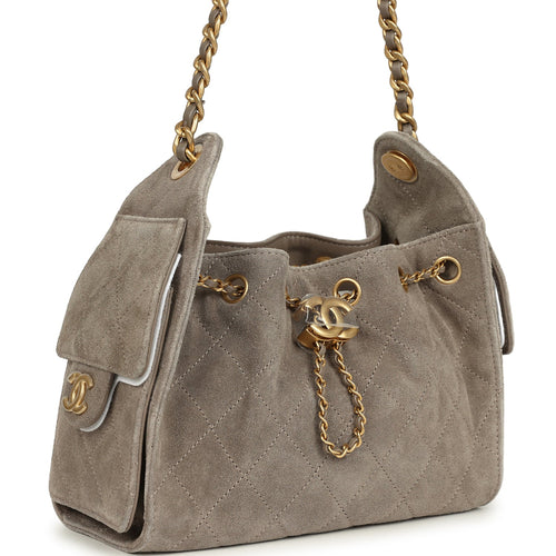 Chanel Mini 25 Hobo Bag Dark Grey Suede Antique Gold Hardware