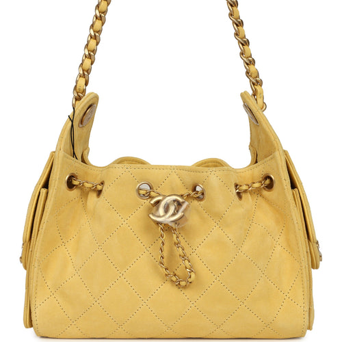 Chanel Mini 25 Hobo Bag Yellow Suede Antique Gold Hardware