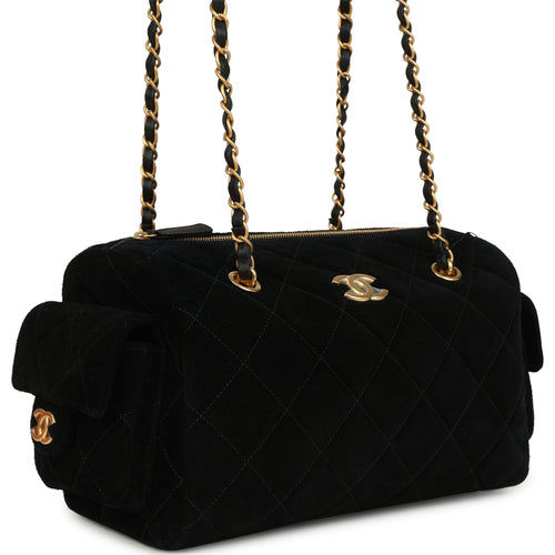 Chanel Small Bowling Bag Black Suede Antique Gold Hardware