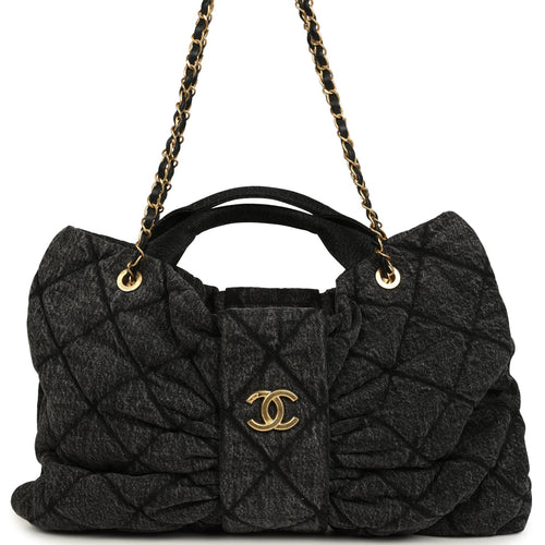 Chanel Maxi Bow Bag Black Washed Denim Antique Gold Hardware