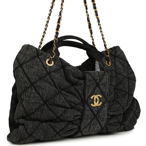 Chanel Maxi Bow Bag Black Washed Denim Antique Gold Hardware