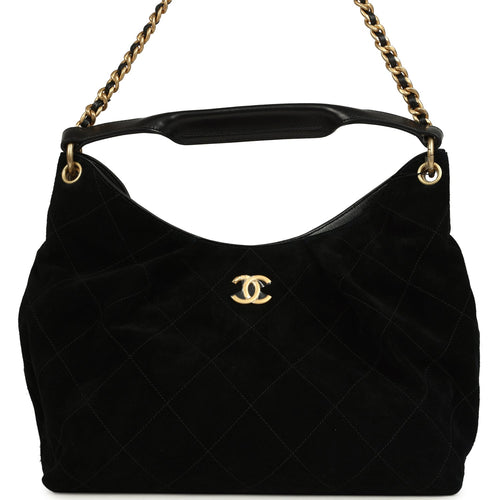Chanel Maxi Hobo Bag Black Suede Antique Gold Hardware