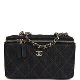 Chanel Small Classic Vanity Case Dark Blue Denim Light Gold Hardware