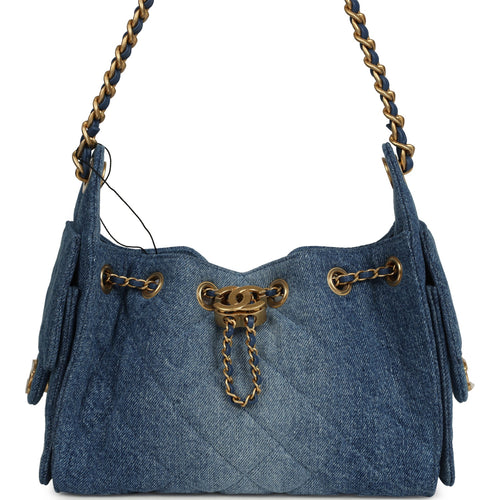 Chanel Mini 25 Hobo Bag Blue Washed Denim Antique Gold Hardware
