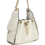 Chanel Small 25 Hobo Bag White Raffia and Black Calfskin Antique Gold Hardware