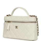 Chanel Trendy Top Handle Long Vanity Case with Chain White Caviar Light Gold Hardware