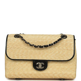 Chanel Large Flap Bag Beige Raffia and Black Lambskin Light Gold Hardware