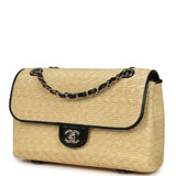 Chanel Large Flap Bag Beige Raffia and Black Lambskin Light Gold Hardware
