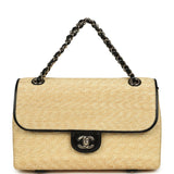 Chanel Large Flap Bag Beige Raffia and Black Lambskin Light Gold Hardware