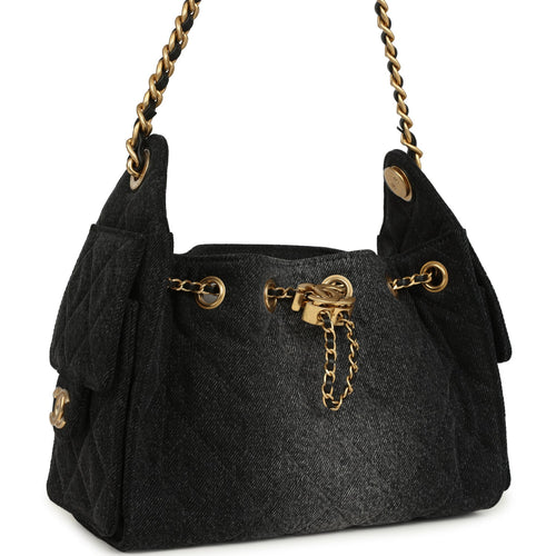 Chanel Mini 25 Hobo Bag Black Washed Denim Antique Gold Hardware