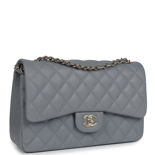 Chanel Jumbo Classic Double Flap Bag Light Grey Shiny Caviar Light Gold Hardware