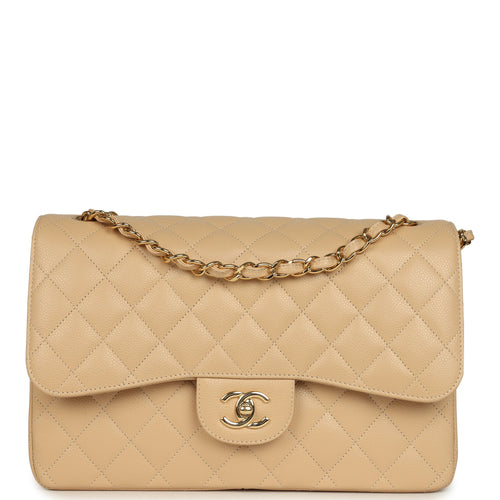 Pre-owned Chanel Jumbo Classic Double Flap Bag Light Beige Caviar Light Gold Hardware