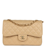 Pre-owned Chanel Jumbo Classic Double Flap Bag Light Beige Caviar Light Gold Hardware
