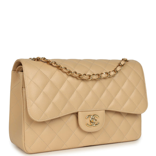Pre-owned Chanel Jumbo Classic Double Flap Bag Light Beige Caviar Light Gold Hardware