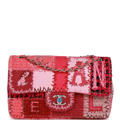 Chanel Medium Flap Bag Pink Patchwork Tweed Silver Hardware