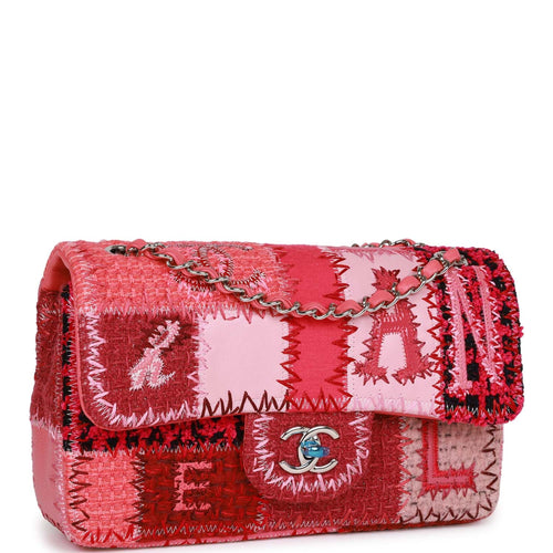 Chanel Medium Flap Bag Pink Patchwork Tweed Silver Hardware