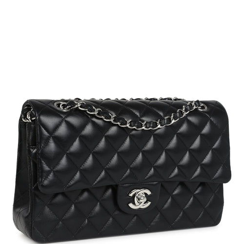 Pre-owned Chanel Medium Classic Double Flap Bag Black Lambskin Silver Hardware