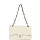 Pre-owned Chanel Medium Classic Double Flap White Shiny Caviar Silver Hardware