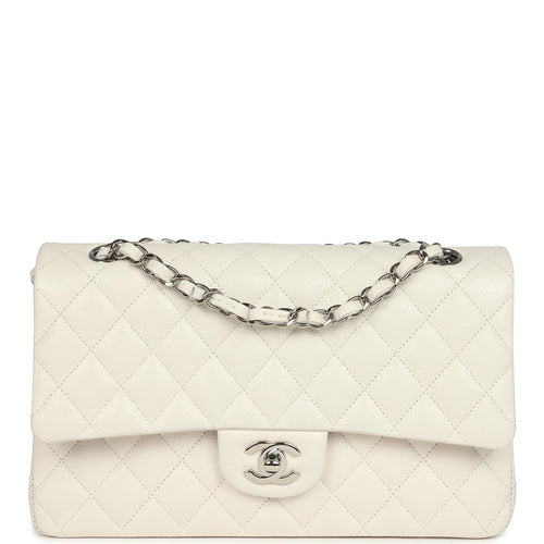 Pre-owned Chanel Medium Classic Double Flap White Shiny Caviar Silver Hardware