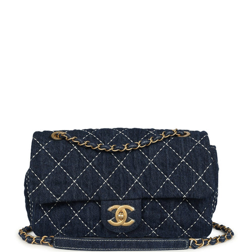 Pre-owned Chanel Medium Classic Flap Bag Blue Denim Aged Gold Hardware