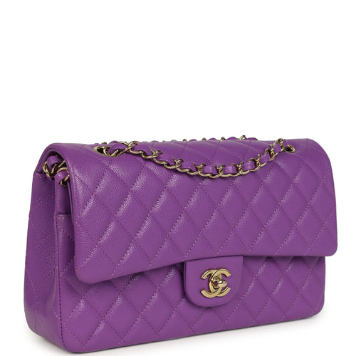 Pre-owned Chanel Medium Classic Double Flap Bag Dark Purple Shiny Caviar Light Gold Hardware