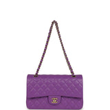 Pre-owned Chanel Medium Classic Double Flap Bag Dark Purple Shiny Caviar Light Gold Hardware