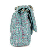 Chanel Medium Classic Double Flap Bag Blue Multi Tweed Light Gold Hardware