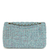 Chanel Medium Classic Double Flap Bag Blue Multi Tweed Light Gold Hardware