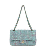 Chanel Medium Classic Double Flap Bag Blue Multi Tweed Light Gold Hardware