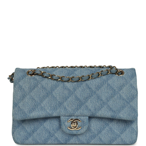 Pre-owned Chanel Medium Classic Double Flap Bag Light Blue Denim Light Gold Hardware