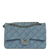 Pre-owned Chanel Medium Classic Double Flap Bag Light Blue Denim Light Gold Hardware