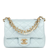 Chanel Mini Square Pearl Flap Bag Light Blue Iridescent Lambskin Brushed Gold Hardware