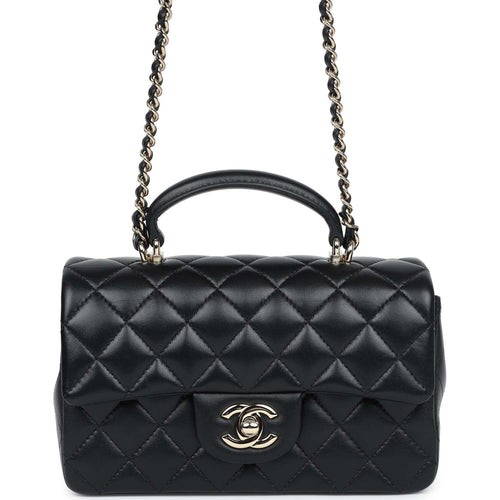 Chanel Mini Rectangular Top Handle Flap Bag Black Lambskin Light Gold Hardware