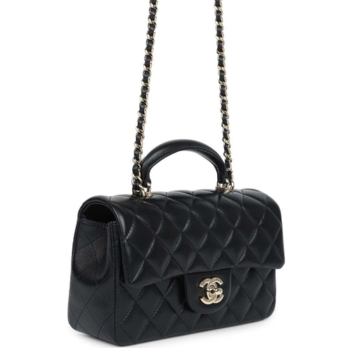 Chanel Mini Rectangular Top Handle Flap Bag Black Lambskin Light Gold Hardware