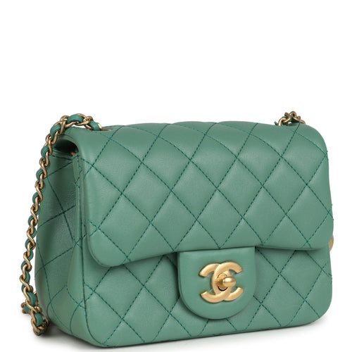 Chanel Mini Square Pearl Crush Flap Bag Green Lambskin Antique Gold Hardware