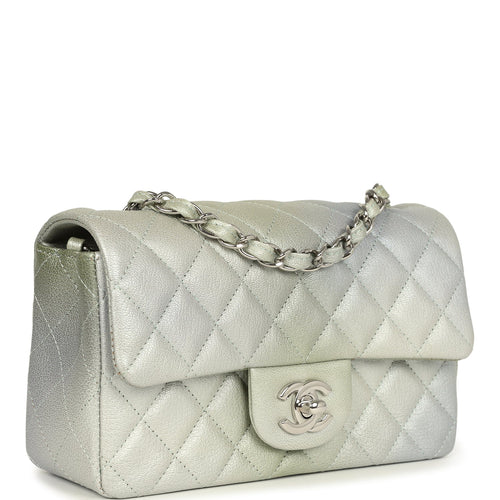 Chanel Mini Classic Rectangular Flap Bag Grey and Green Ombre Iridescent Goatskin Silver Hardware