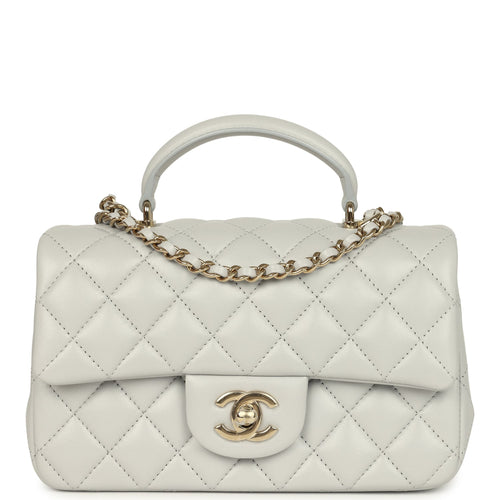 Chanel Mini Rectangular Flap Bag with Top Handle Light Grey Lambskin Light Gold Hardware