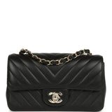 Chanel Mini Chevron Classic Rectangular Flap Bag Black Lambskin Light Gold Hardware