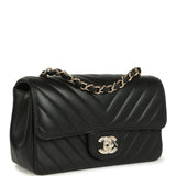 Chanel Mini Chevron Classic Rectangular Flap Bag Black Lambskin Light Gold Hardware