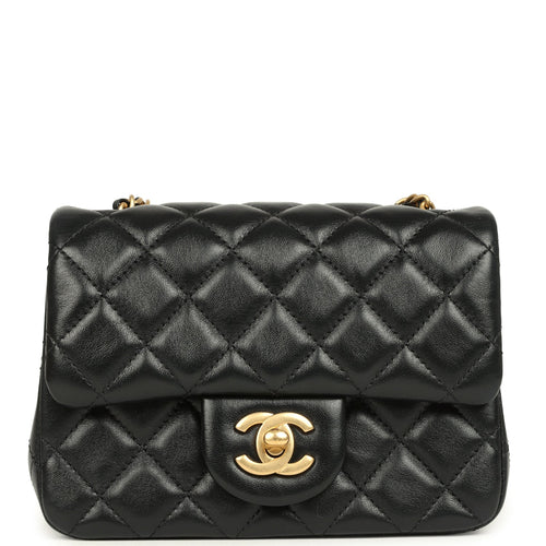 Chanel Mini Pearl Crush Square Flap Bag Black Shiny Lambskin Brushed Gold Hardware