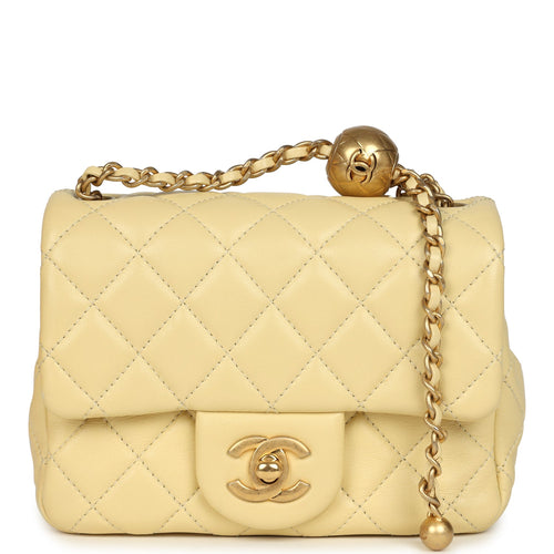Pre-owned Chanel Mini Pearl Crush Square Flap Bag Yellow Lambskin Brushed Gold Hardware