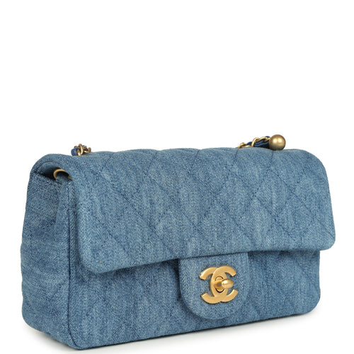 Chanel Mini Pearl Crush Rectangular Flap Bag Blue Denim Brushed Gold Hardware