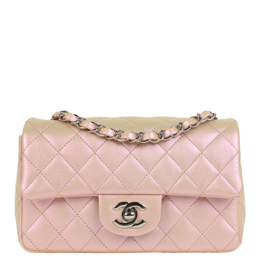 Chanel Mini Classic Rectangular Flap Bag Pink Iridescent Calfskin Silver Hardware