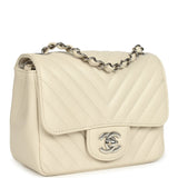 Pre-owned Chanel Mini Chevron Square Flap Bag Ivory Lambskin Silver Hardware