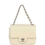 Pre-owned Chanel Mini Chevron Square Flap Bag Ivory Lambskin Silver Hardware