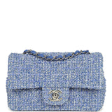 Chanel Mini Rectangular Flap Bag Blue and White Tweed Silver Hardware